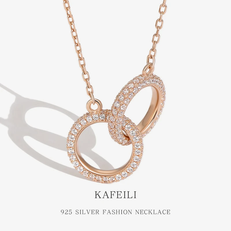 Korean Female Design Full Diamond Double Ring Pendant S925 Silver Necklace Wholesale 5 Korean Female Design Full Diamond Double Ring Pendant S925 Silver Necklace Wholesale - Image 3