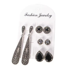Creative Hollow Geometric Black Rhinestone Long Retro 4 Pairs Of Stud Earrings Set Wholesale -Cheap Jewelry Store 1496026247900303360