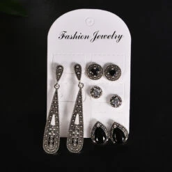 Creative Hollow Geometric Black Rhinestone Long Retro 4 Pairs Of Stud Earrings Set Wholesale -Cheap Jewelry Store 1496026273376505856