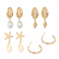 Bohemia Shells Pearl Conch Starfish Stud Earrings 4 Pairs Set Wholesale -Cheap Jewelry Store 1496027492165750784