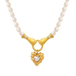 French Style Hand Heart Shape Titanium Steel Pendant Necklace Gold Plated Pearl Stainless Steel Necklaces -Cheap Jewelry Store 1564511995082969088
