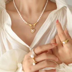 French Style Hand Heart Shape Titanium Steel Pendant Necklace Gold Plated Pearl Stainless Steel Necklaces -Cheap Jewelry Store 1564512135051087872