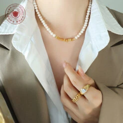 Elegant Geometric Freshwater Pearl Titanium Steel Necklace 1 Piece -Cheap Jewelry Store 1623484318024339456