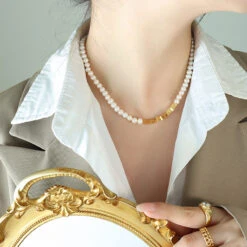 Elegant Geometric Freshwater Pearl Titanium Steel Necklace 1 Piece -Cheap Jewelry Store 1623484325053992960