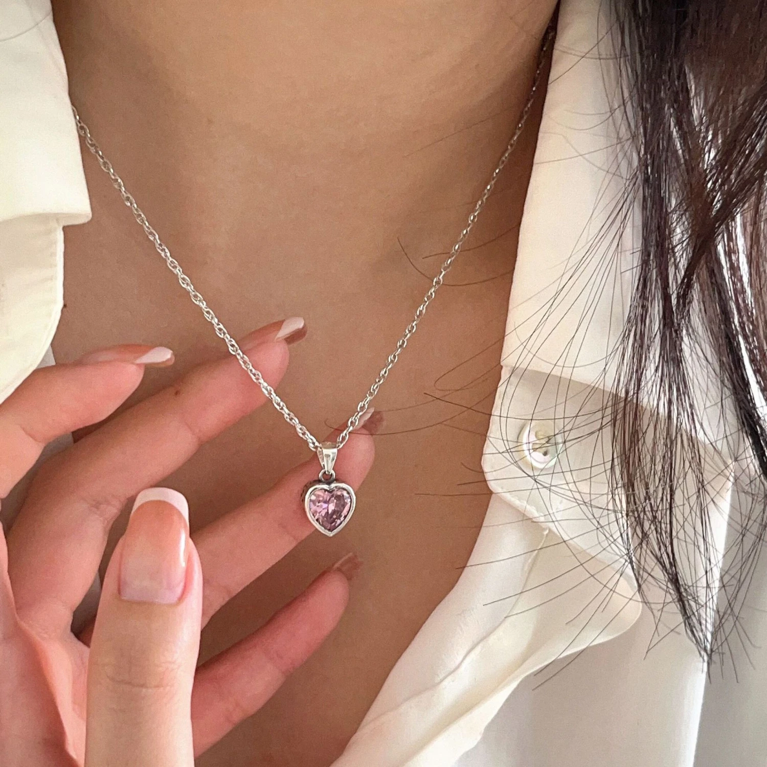 Sweet Heart Shape Sterling Silver Inlay Zircon Pendant Necklace 5 Sweet Heart Shape Sterling Silver Inlay Zircon Pendant Necklace - Image 3