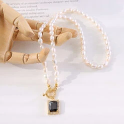 1 Piece Elegant Square Stainless Steel Freshwater Pearl Inlaid Zircon Necklace -Cheap Jewelry Store 1629310058091384832 1