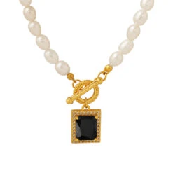 1 Piece Elegant Square Stainless Steel Freshwater Pearl Inlaid Zircon Necklace -Cheap Jewelry Store 1629310098562224128