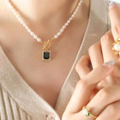 1 Piece Elegant Square Stainless Steel Freshwater Pearl Inlaid Zircon Necklace -Cheap Jewelry Store 1629320737015861248