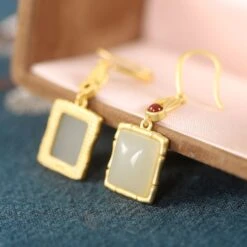 1 Pair Retro Square Sterling Silver Inlay Agate Jade Drop Earrings -Cheap Jewelry Store 1632551655763480576