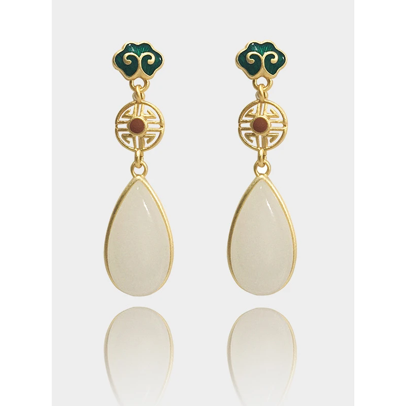 1 Pair Retro Water Droplets Sterling Silver Inlay Jade Drop Earrings 6 1 Pair Retro Water Droplets Sterling Silver Inlay Jade Drop Earrings - Image 4
