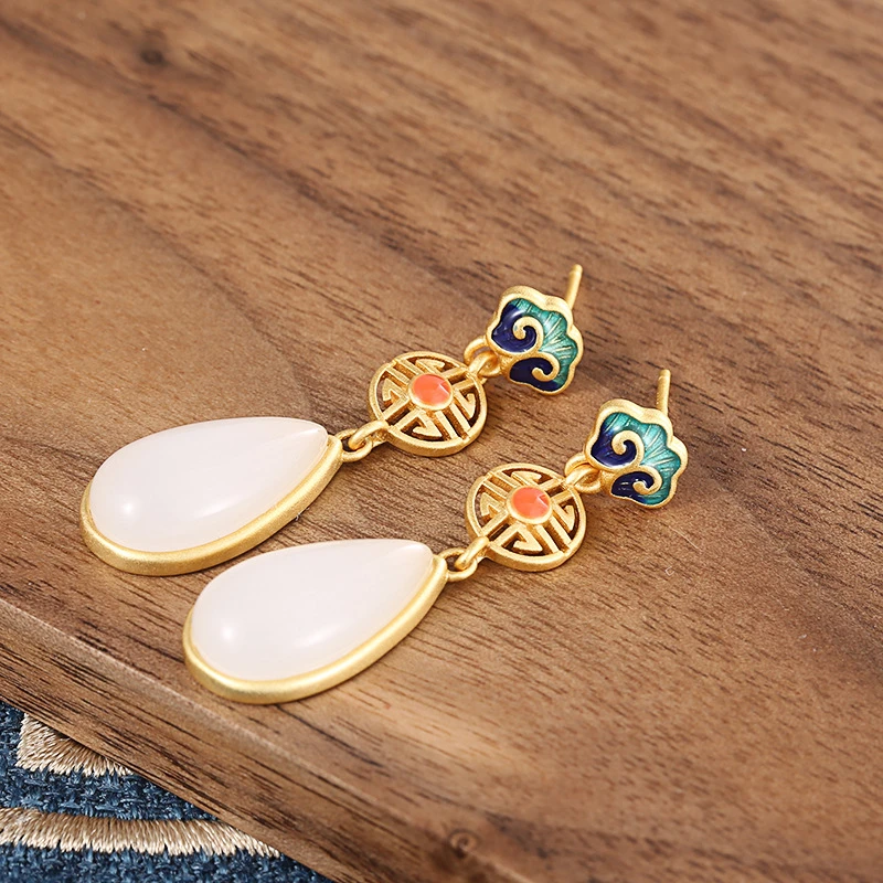 1 Pair Retro Water Droplets Sterling Silver Inlay Jade Drop Earrings 4 1 Pair Retro Water Droplets Sterling Silver Inlay Jade Drop Earrings - Image 2
