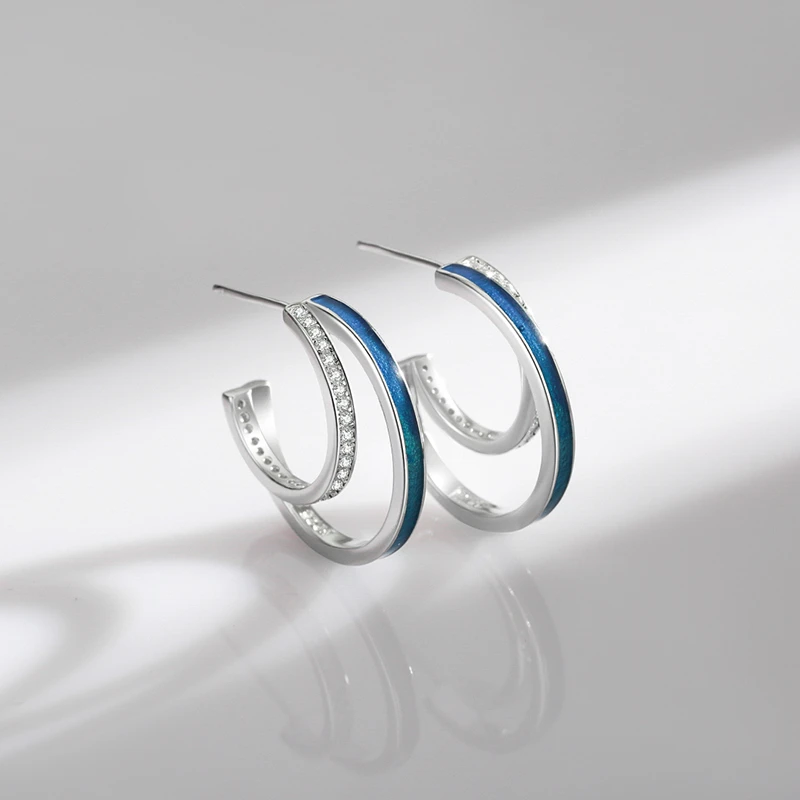 1 Pair Luxurious C Shape Sterling Silver Epoxy Plating Inlay Zircon Rhodium Plated Ear Studs 4 1 Pair Luxurious C Shape Sterling Silver Epoxy Plating Inlay Zircon Rhodium Plated Ear Studs - Image 2