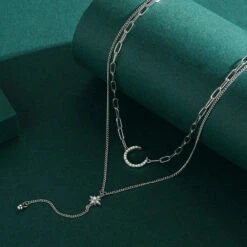 Elegant Simple Style Star Moon Sterling Silver Plating Inlay Zircon Rhodium Plated Layered Necklaces -Cheap Jewelry Store 1643165422398345216
