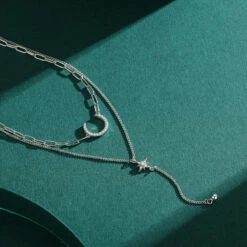 Elegant Simple Style Star Moon Sterling Silver Plating Inlay Zircon Rhodium Plated Layered Necklaces -Cheap Jewelry Store 1643165422494814208 1