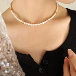 Elegant Geometric Freshwater Pearl Titanium Steel Beaded Plating 18K Gold Plated Necklace -Cheap Jewelry Store 1655860421959225344