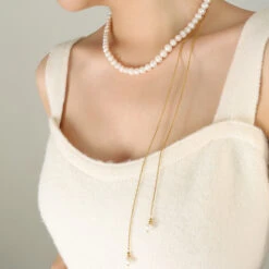 Elegant Baroque Style Round Freshwater Pearl Titanium Steel Beaded Plating 18K Gold Plated Sweater Chain -Cheap Jewelry Store 1655864757598687232