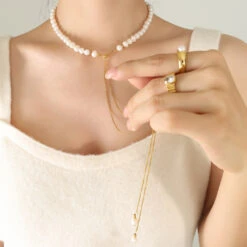 Elegant Baroque Style Round Freshwater Pearl Titanium Steel Beaded Plating 18K Gold Plated Sweater Chain -Cheap Jewelry Store 1655864757623853056