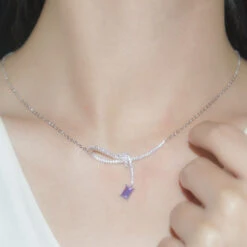Sweet Bow Knot Sterling Silver Inlay Artificial Gemstones Pendant Necklace -Cheap Jewelry Store 1661576828181155840