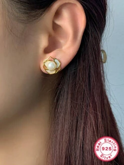 1 Pair Elegant Luxurious Round Plating Inlay Sterling Silver Pearl 18K Gold Plated White Gold Plated Ear Studs -Cheap Jewelry Store 1664516590814760960