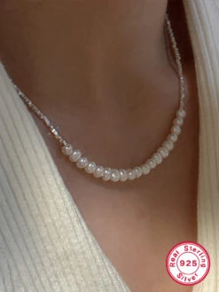 Fairy Style Round Freshwater Pearl Sterling Silver Plating White Gold Plated Necklace -Cheap Jewelry Store 1666715507446910976 1