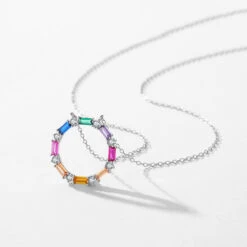 IG Style Luxurious Circle Colorful Sterling Silver Plating Inlay Zircon Rhodium Plated Necklace