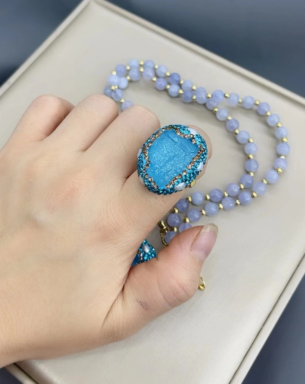 Retro Oval Copper Plating Inlay Natural Stone Pearl Rings Earrings Necklace 7 Retro Oval Copper Plating Inlay Natural Stone Pearl Rings Earrings Necklace - Image 5