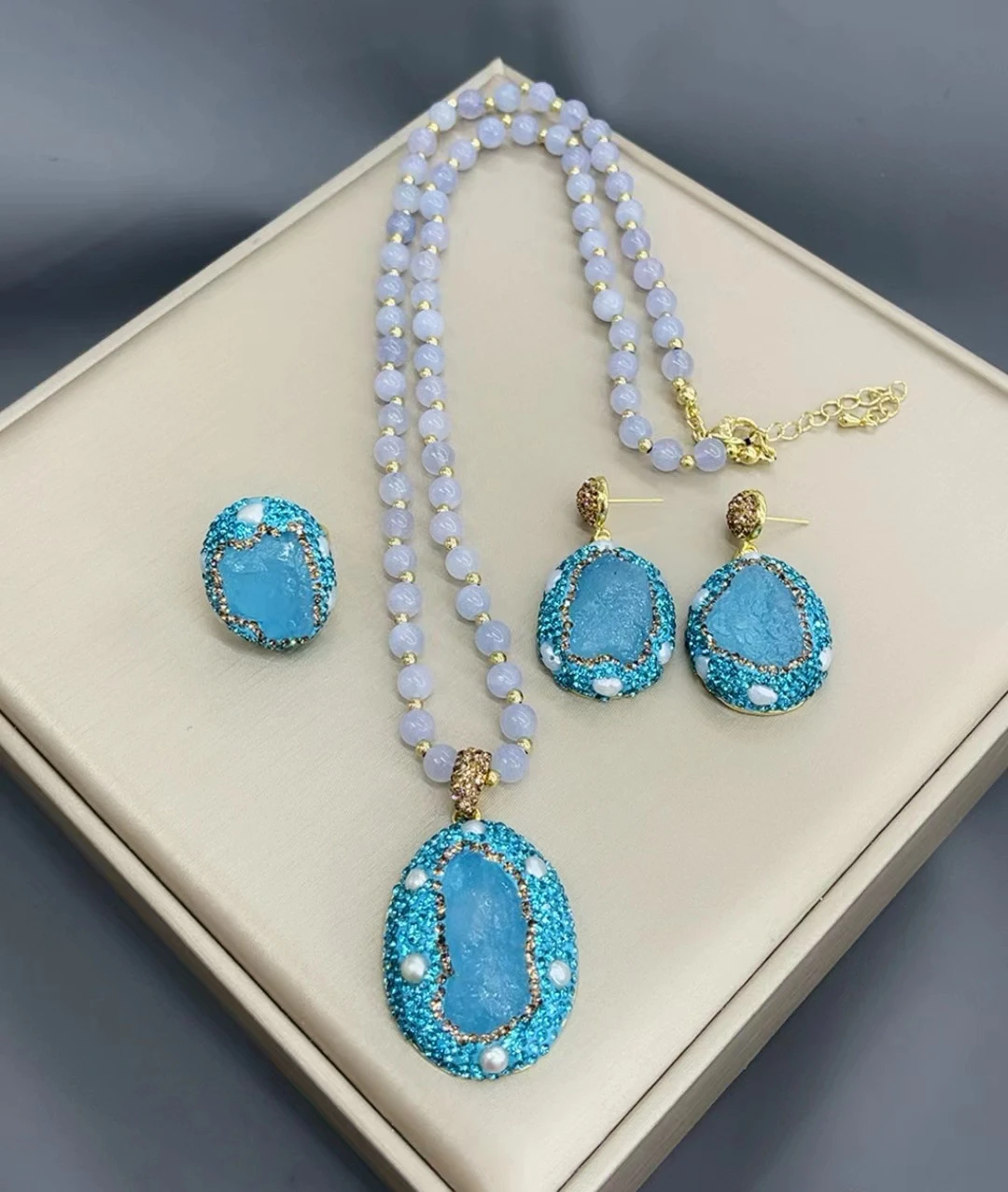 Retro Oval Copper Plating Inlay Natural Stone Pearl Rings Earrings Necklace 3 Retro Oval Copper Plating Inlay Natural Stone Pearl Rings Earrings Necklace