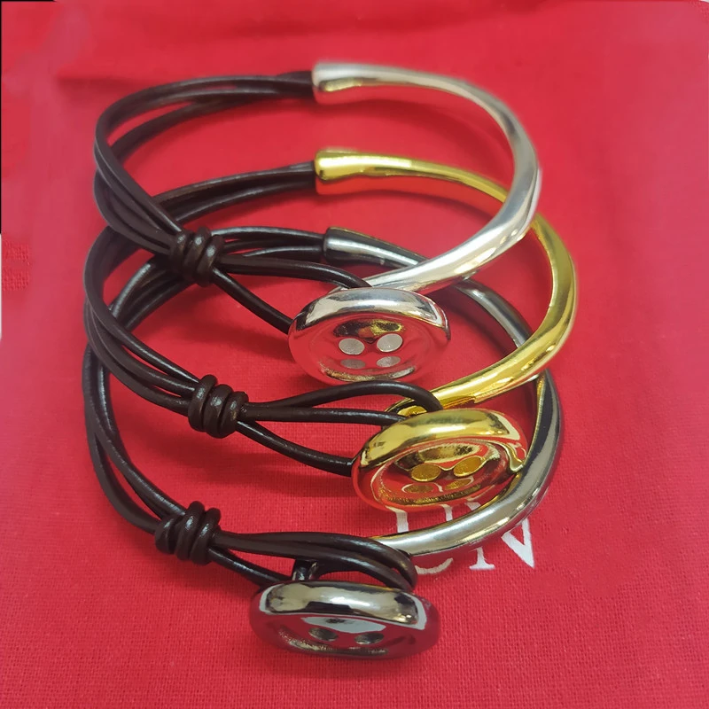Vintage Style Button Leather Rope Copper Plating Silver Plated Bangle 3 Vintage Style Button Leather Rope Copper Plating Silver Plated Bangle
