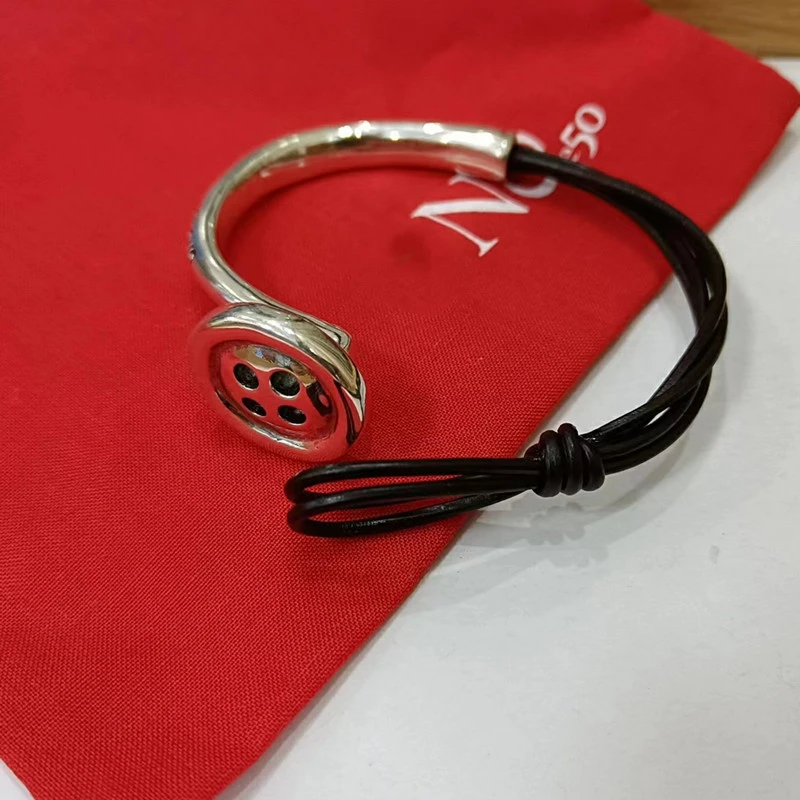 Vintage Style Button Leather Rope Copper Plating Silver Plated Bangle 7 Vintage Style Button Leather Rope Copper Plating Silver Plated Bangle - Image 5