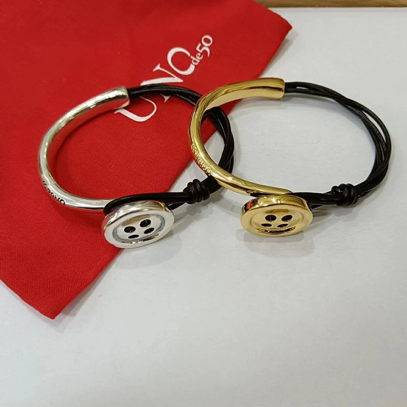 Vintage Style Button Leather Rope Copper Plating Silver Plated Bangle 6 Vintage Style Button Leather Rope Copper Plating Silver Plated Bangle - Image 4