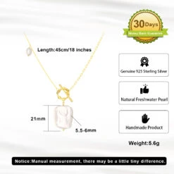 Elegant Square Freshwater Pearl Sterling Silver Toggle Plating 14K Gold Plated Pendant Necklace -Cheap Jewelry Store 1681131389807890432