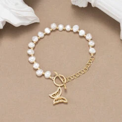 Modern Style Shiny Animal Butterfly Freshwater Pearl Sterling Silver Toggle Plating Inlay Zircon 14K Gold Plated Bracelets